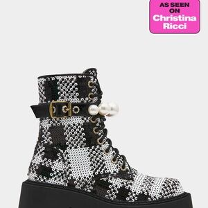 Betsey Johnson Black and White Sequin Lace Up Boots